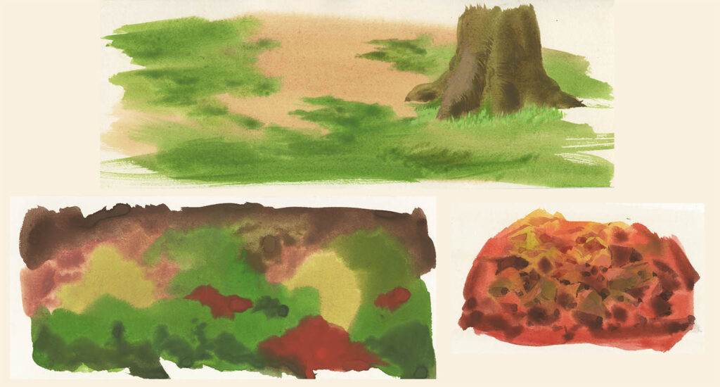 赤と緑の混色で描いた紅葉と野菜のトマト煮込みなどの下塗り作例