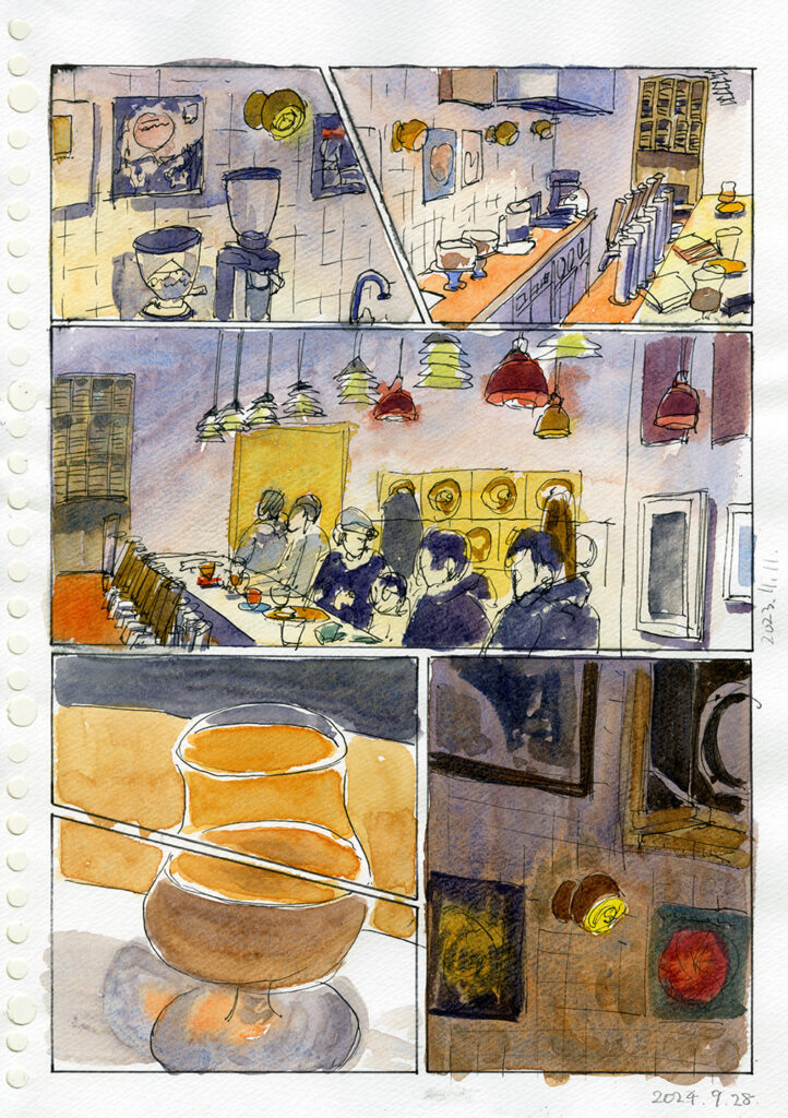 飲食店で描いたコマ割りスケッチ