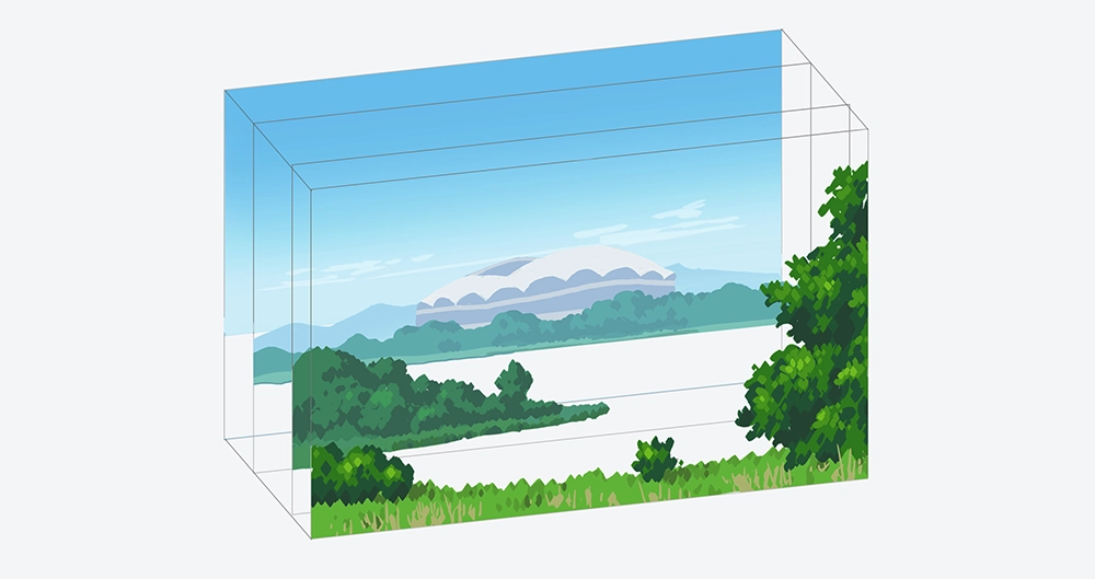 スタジアムの風景画を遠景・中景・近景の層に分けて奥行き方向に配置した図