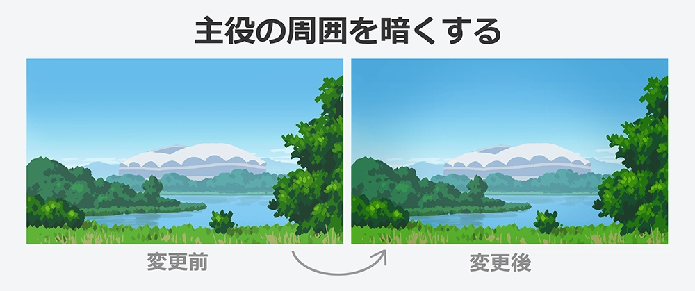 スタジアム周辺の空を暗くして主役との明暗差を強める前後を比較した作例